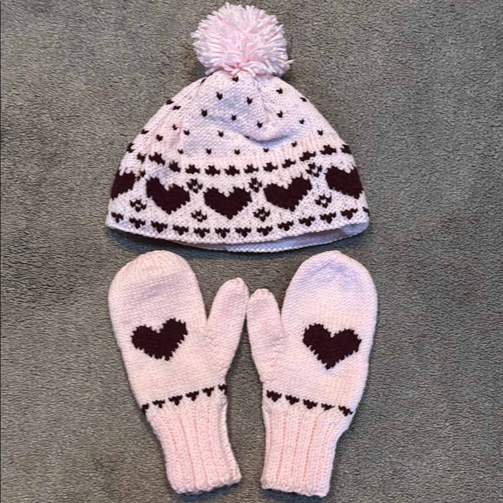 Women’s New Pink and Maroon Heart Hand-made Knit Hat and Mittens Set